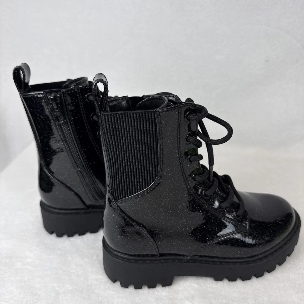 Art Class Black Sparkle Glitter Combat Boots Lace Up Zipper Childs Size 13 NWOB